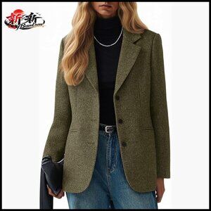 Herringbone Tweed Wool Blazer Lapel Collar Long Sleeve Office Jacket